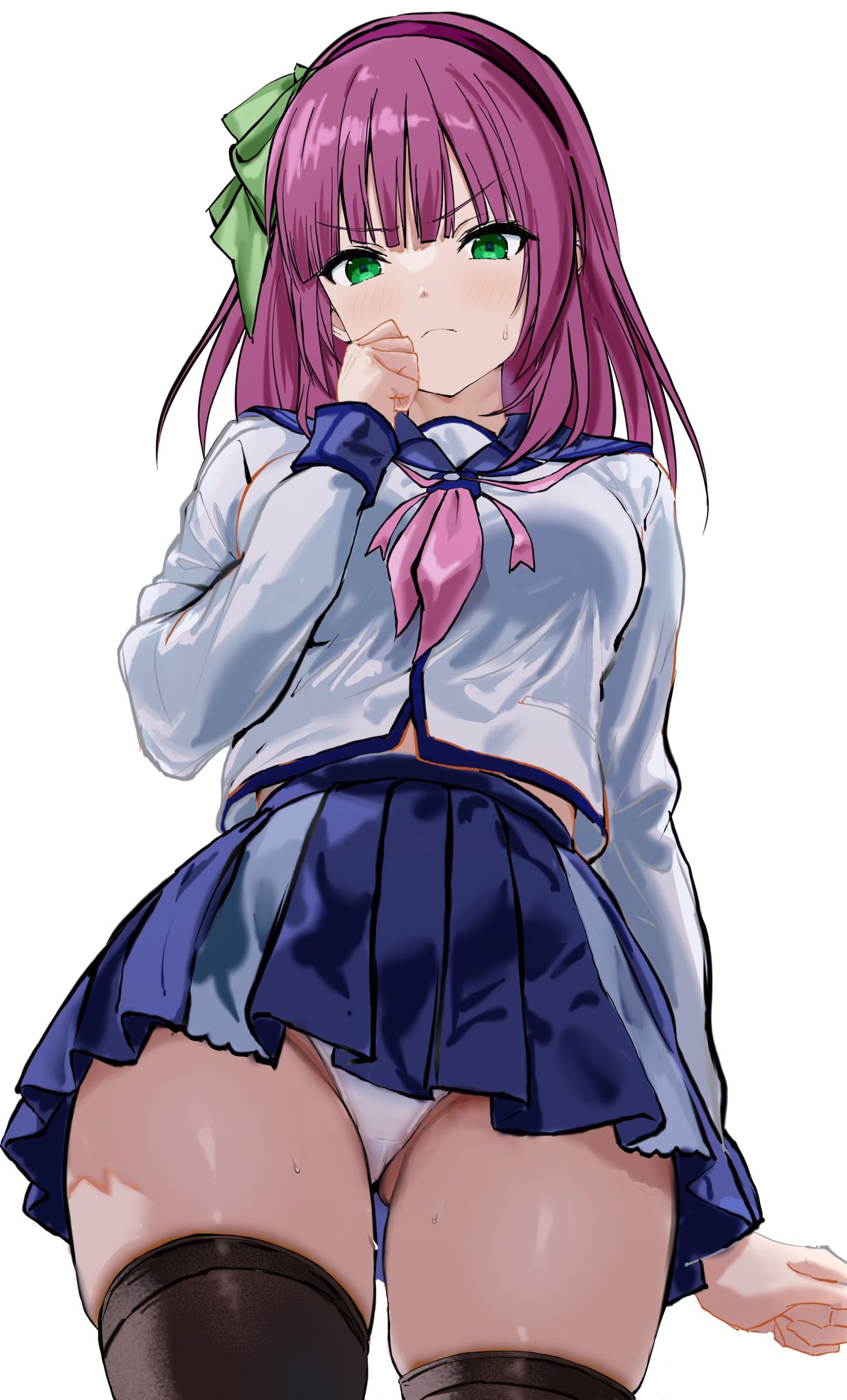 zenoo, nakamura yuri, angel beats!, commentary request, highres, 1girl, black thighhighs, blue sailor collar, blue skirt, breasts, from below, green eyes, hairband, looking at viewer, medium breasts, medium hair, panties, purple hair, purple hairband, sailor collar, shirt, simple background, skirt, solo, thighhighs, thighs, underwear, upskirt, white background, white panties, white shirt