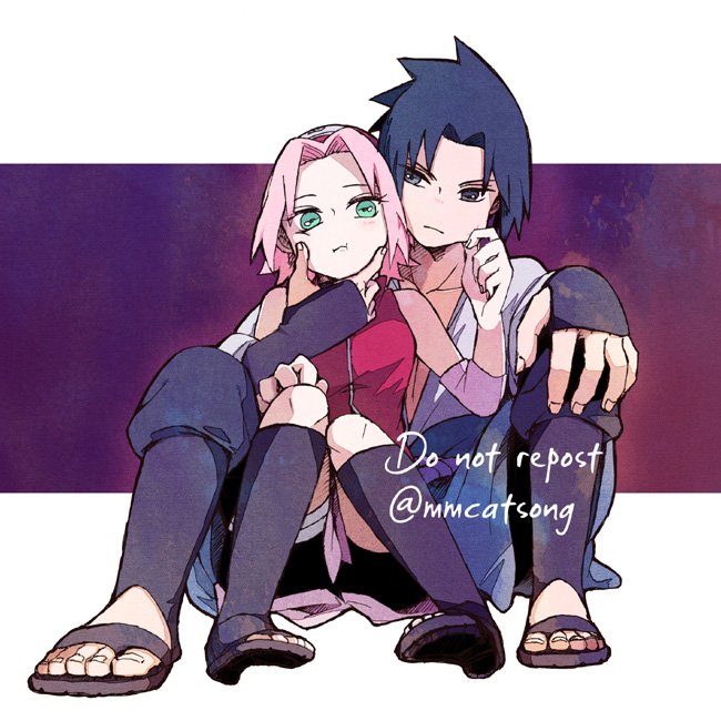 haruno sakura, uchiha sasuke, naruto (series), naruto shippuuden, commentary request, 1boy, 1girl, bare shoulders, black boots, black eyes, black hair, black pants, black shorts, boots, border, breasts, cheek pinching, closed mouth, elbow sleeve, full body, green eyes, hairband, hand on another's chin, hetero, light blush, medium breasts, mmcatsong, open-toe boots, pants, parted bangs, pinching, pink hair, purple background, red vest, shirt, shorts, simple background, vest, white border, white shirt