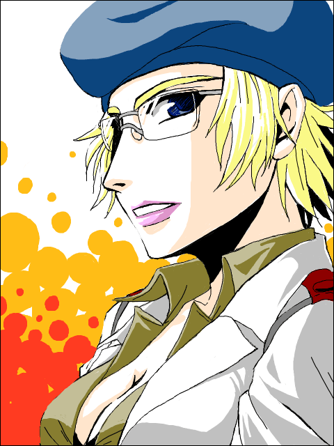 tukisiro, tatjana, arc the lad, arc the lad twilight of the spirits, 1girl, beret, blonde hair, blue eyes, breasts, cleavage, dress shirt, female focus, glasses, hat, shirt, short hair, solo