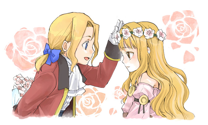 amarabi (tobira), tobira (hotaruk), euram barows, luserina barows, gensou suikoden, gensou suikoden v, 1boy, 1girl, ascot, bare shoulders, blonde hair, blue eyes, bow, brother and sister, brown eyes, collar, dress, family bonding, flower, gloves, hair ribbon, long hair, ponytail, ribbon, rose, siblings, smile, white flower, white gloves, white rose