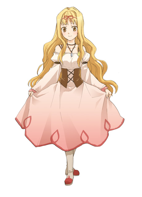 tobira (hotaruk), luserina barows, gensou suikoden, gensou suikoden v, 1girl, bare shoulders, blonde hair, brown eyes, dress, female focus, jewelry, long hair, necklace, shoes, simple background, socks, solo