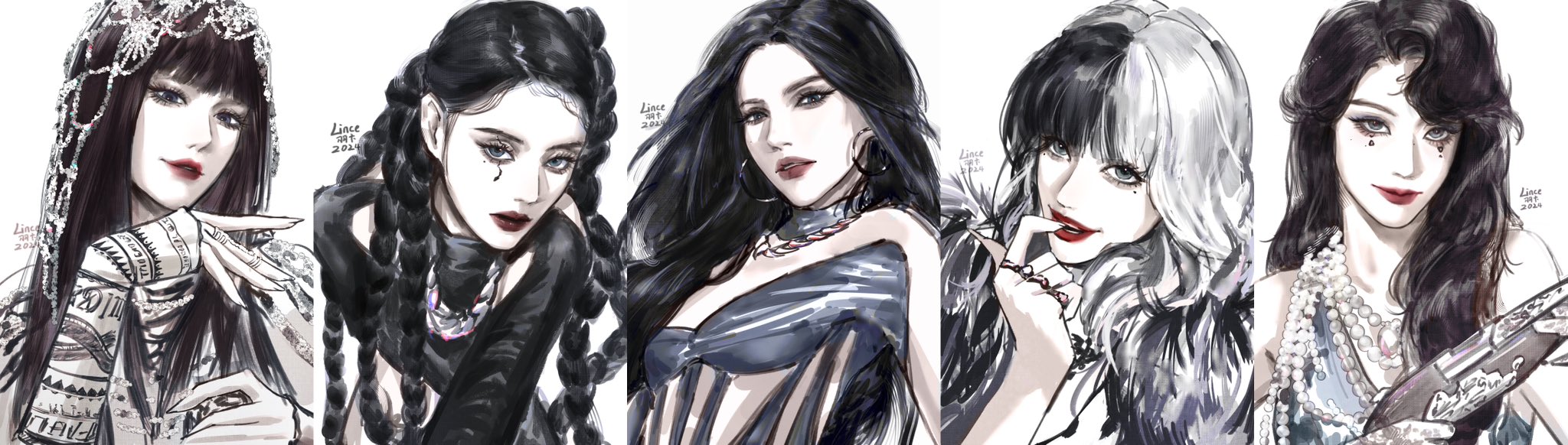 linceyang, i-dle, commentary request, highres, 5girls, black hair, expressionless, looking at viewer, multicolored hair, multiple girls, portrait, soyeon, white background