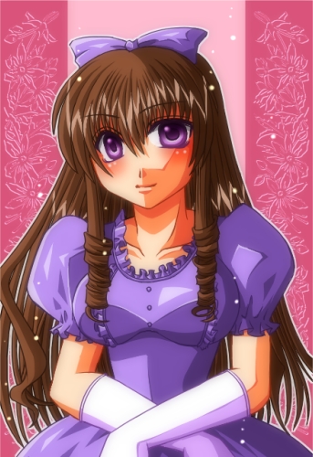 takeuchi (be in chaos), takeuchi (pixiv48797), anrietta rochefort, arc the lad, arc the lad iii, lowres, 1girl, blush, brown hair, dress, drill hair, female focus, gloves, long hair, purple eyes, solo