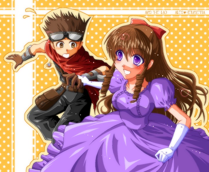 takeuchi (be in chaos), takeuchi (pixiv48797), alec (arc the lad), anrietta rochefort, arc the lad, arc the lad iii, 1boy, 1girl, belt, brown eyes, brown hair, couple, dress, drill hair, gloves, goggles, jewelry, long hair, necklace, purple eyes, short hair, smile