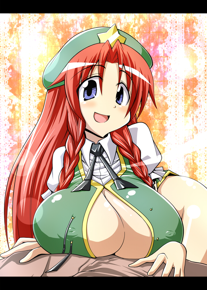 regls, hong meiling, embodiment of scarlet devil, touhou, 1girl, blue eyes, braid, breasts, china dress, chinese clothes, cleavage, covered erect nipples, dress, female focus, huge breasts, red hair, solo, twin braids