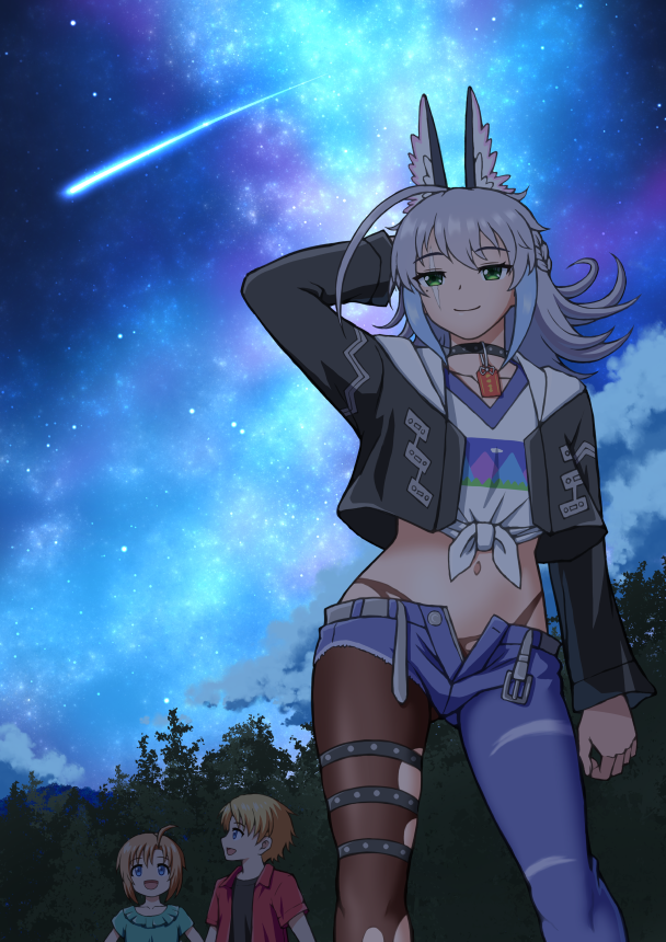 inumaru75707951, elfie frudnick, roddy frudnick, blaster master zero 3, commentary request, 1boy, 1girl, 1other, animal ears, black collar, black jacket, black pantyhose, black shirt, blonde hair, blue eyes, blue hair, collar, cowboy shot, denim, forest, green eyes, green pants, jacket, leibniz (blaster master), medium hair, midriff, nature, night, pants, pantyhose, red shirt, shirt, shooting star, short hair, solo focus, star (sky), tied shirt, torn clothes, torn pantyhose, tree