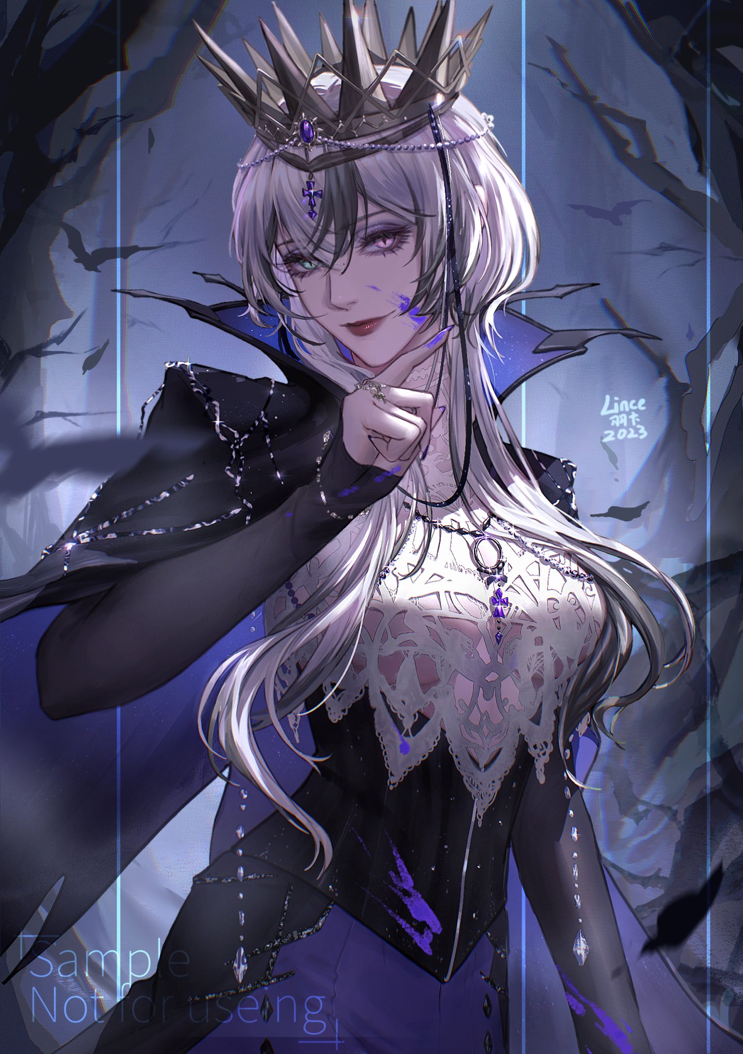 linceyang, oak casket (path to nowhere), path to nowhere, commentary, english commentary, highres, 1girl, crown, dress, hand up, heterochromia, high collar, long hair, smile, solo, upper body, white hair