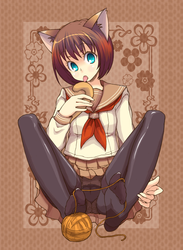 galaxea, kimarin, original, bad id, bad pixiv id, 1girl, animal ears, black pantyhose, brown hair, cat ears, cat tail, feet, female focus, green eyes, licking, panties, panties under pantyhose, pantyhose, pantyshot, school uniform, sitting, soles, solo, spread legs, tail, thighband pantyhose, tongue, underwear, yarn, yarn ball