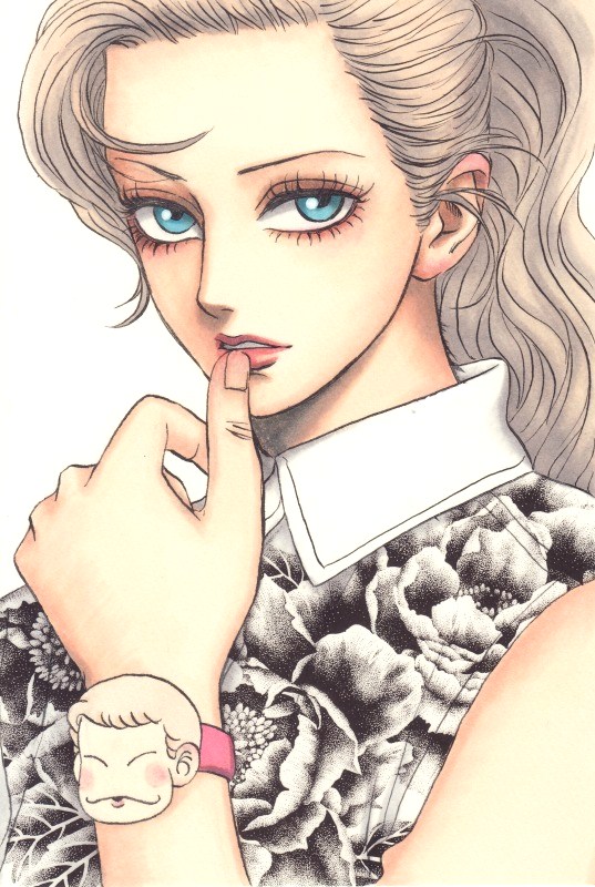 patalliro du malyner viii, patalliro!, commentary request, marker (medium), traditional media, 1boy, :3, aged up, asymmetrical bangs, blonde hair, blue eyes, bracelet, brown eyeshadow, closed eyes, collared shirt, contrast collar, curtained hair, dahlia-tami, eyelashes, fingernails, floral print, floral print shirt, forehead, hand up, high ponytail, jewelry, long hair, looking at viewer, loose hair strand, male focus, merchandise, parted lips, pink lips, ponytail, portrait, shirt, short hair, sideways glance, simple background, sleeveless, sleeveless shirt, solo, swept bangs, trap, very short hair, wavy hair, white background, wiping mouth