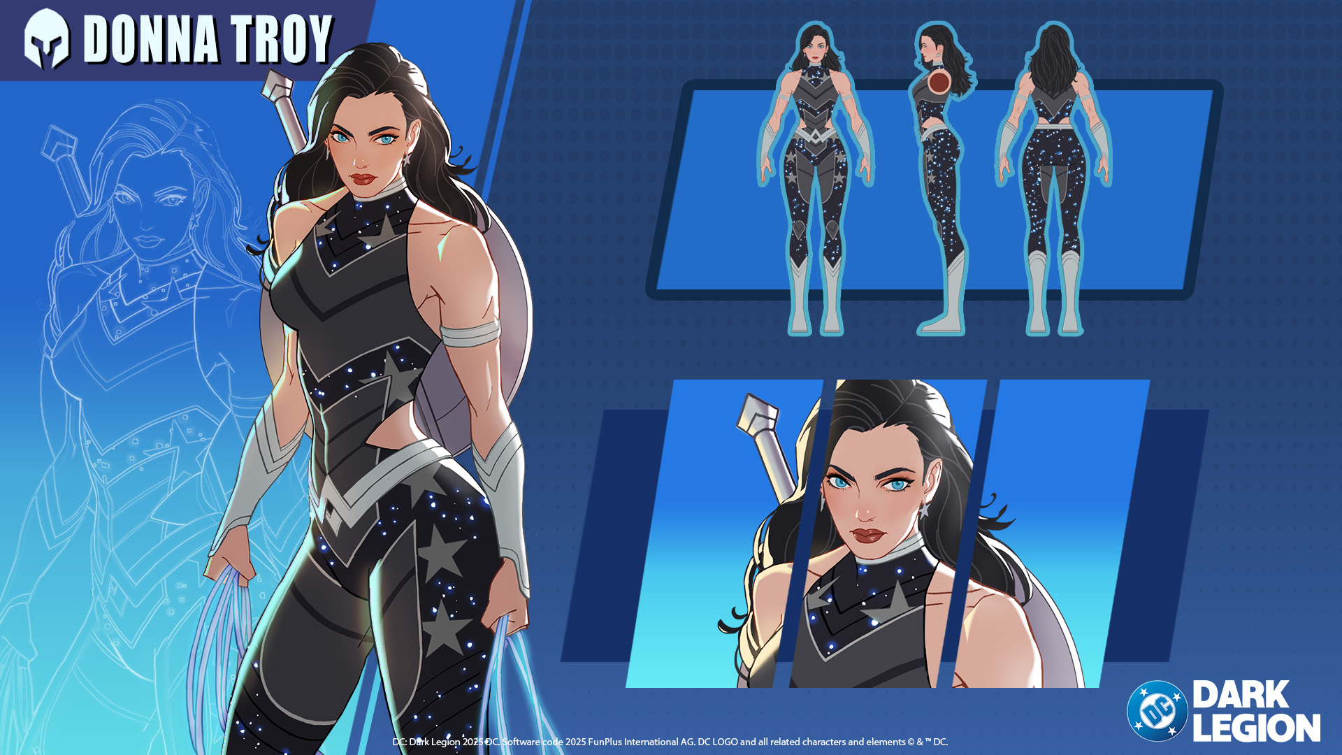 donna troy, dc comics, commentary, english commentary, highres, black hair, blue eyes, bodysuit, boots, bracer, dc: dark legion, grey bodysuit, lasso, red lips, reference sheet, sleeveless, sleeveless bodysuit, sparkling clothes, toned, toned female