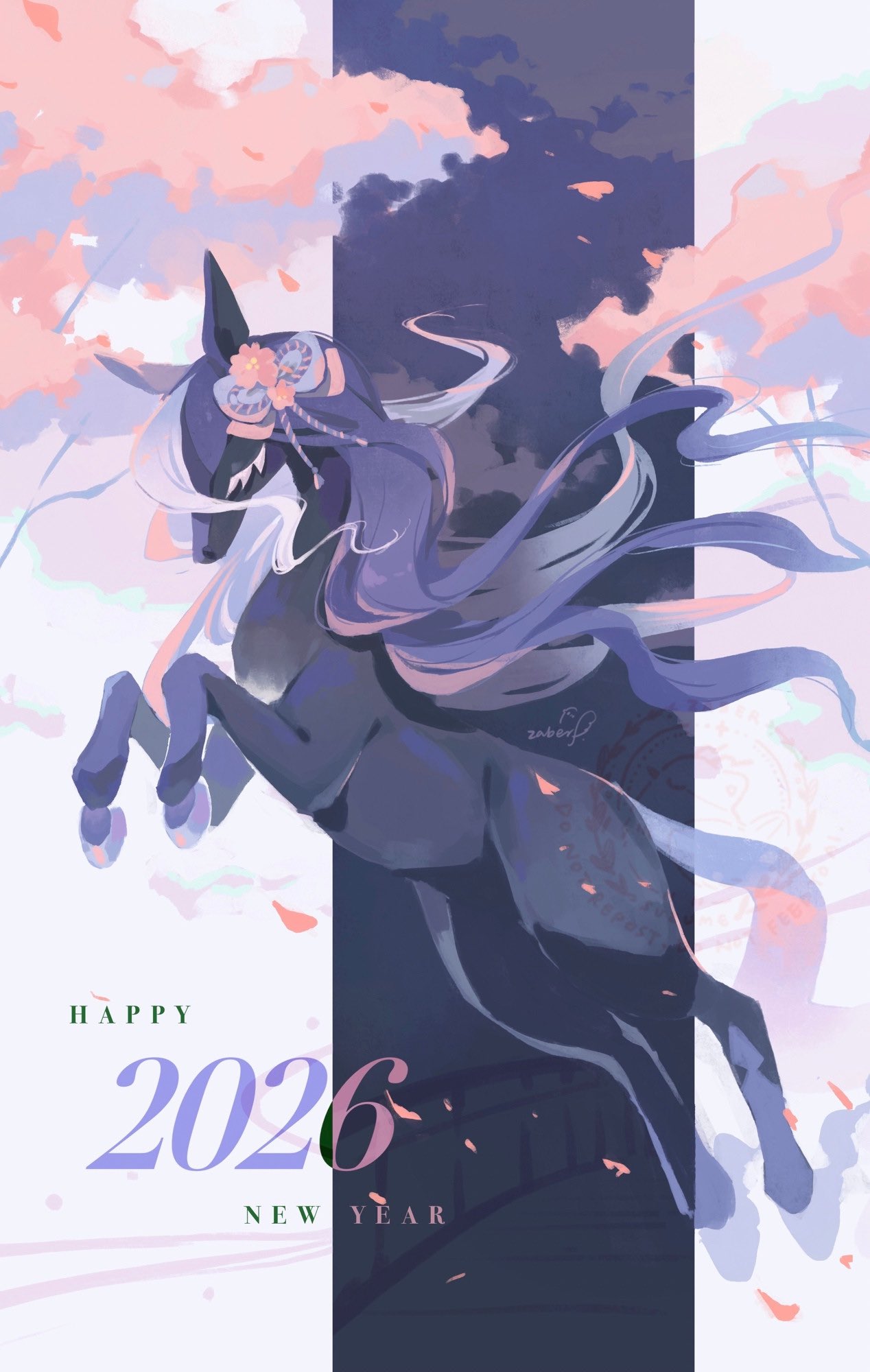zaber (littlesuzume), spectrier, nintendo, pokemon, commentary, english commentary, highres, 2026, animal focus, artist name, cherry blossoms, chinese zodiac, closed eyes, hair ornament, happy new year, horse, new year, no humans, petals, pokemon (creature), pokemon focus, purple hair, tree, year of the horse
