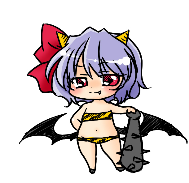 sakura (doors), lum, remilia scarlet, touhou, urusei yatsura, bad id, bad pixiv id, 1girl, animal print, bat wings, bikini, blue hair, blush, chibi, club, club (weapon), cosplay, fang, female focus, full body, horns, kanabou, lum (cosplay), midriff, oni, red eyes, ribbon, simple background, solo, standing, swimsuit, tiger print, weapon, white background, wings