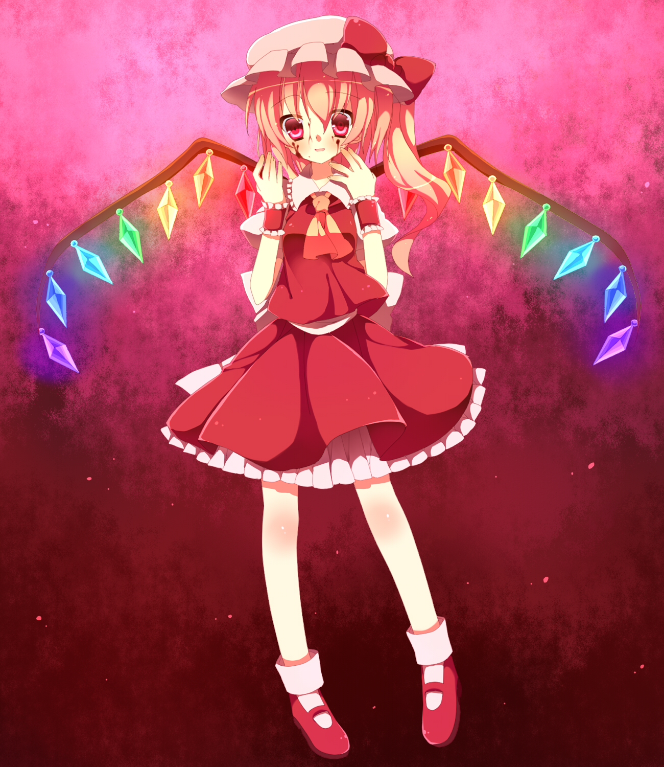 akai, flandre scarlet, touhou, bad id, bad pixiv id, highres, 1girl, blood, crazy eyes, crystal, female focus, mary janes, rainbow order, red background, red eyes, red skirt, red theme, ribbon, shoes, skirt, smile, solo, wings