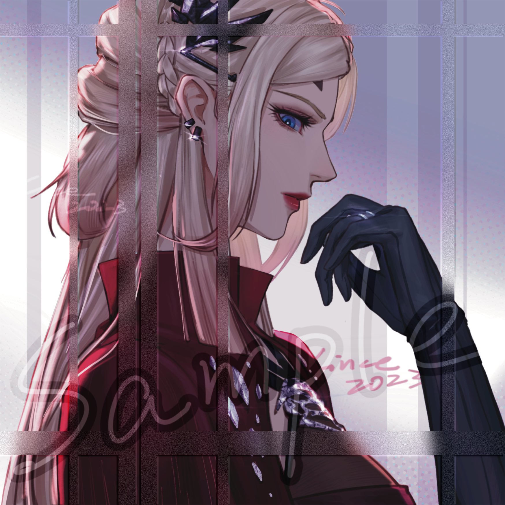 linceyang, path to nowhere, commentary request, highres, 1girl, black gloves, blonde hair, blue eyes, elbow gloves, from side, gloves, hand up, long hair, looking at viewer, portrait, profile, sideways glance, solo