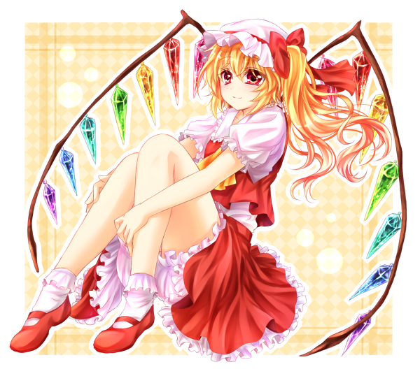 yunaminato, yuuna minato, flandre scarlet, touhou, bad id, bad pixiv id, 1girl, blonde hair, bloomers, female focus, hat, rainbow order, red eyes, red skirt, short hair, side ponytail, sitting, skirt, solo, underwear, wings, yellow background