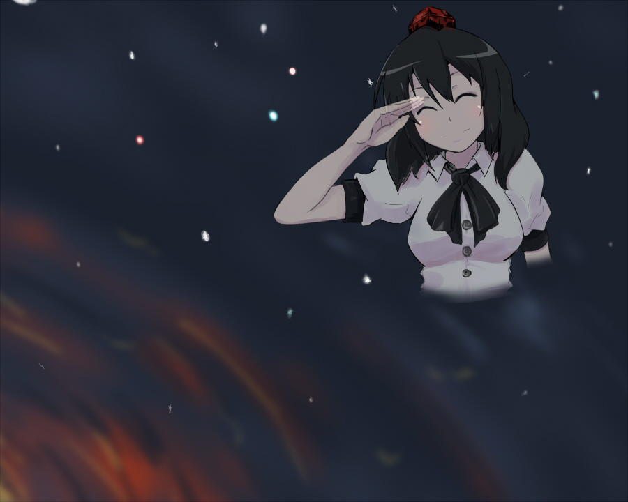 iwamasama, shameimaru aya, the iron of yin and yang, touhou, bad id, bad pixiv id, 1girl, ^ ^, black hair, closed eyes, female focus, hat, ribbon, solo