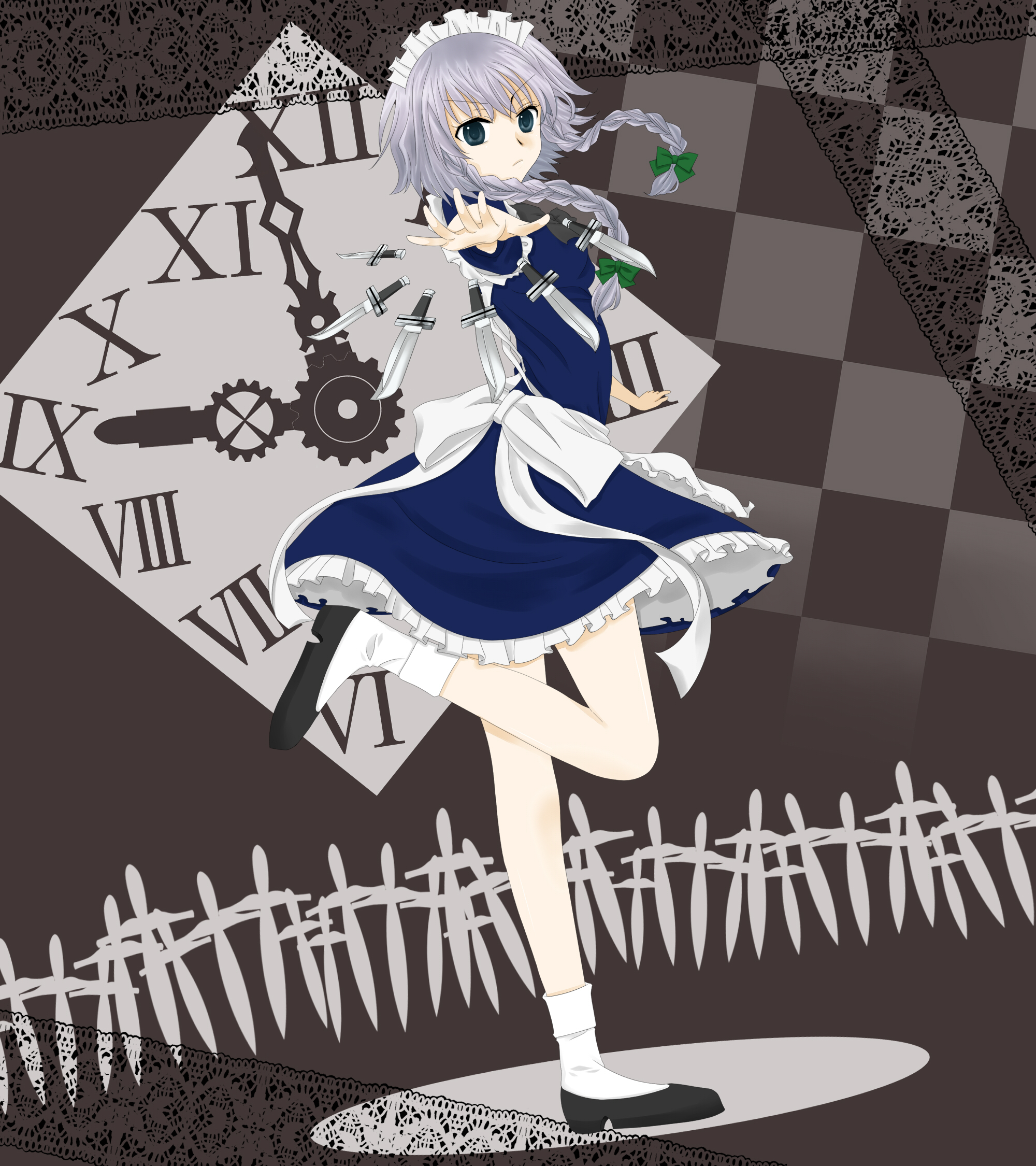 shiiba (goomocha), izayoi sakuya, touhou, silver hair, bad id, bad pixiv id, highres, 1girl, apron, blue eyes, bow, braid, clock, female focus, full body, knife, maid, maid apron, shoes, solo, throwing knife, twin braids, weapon