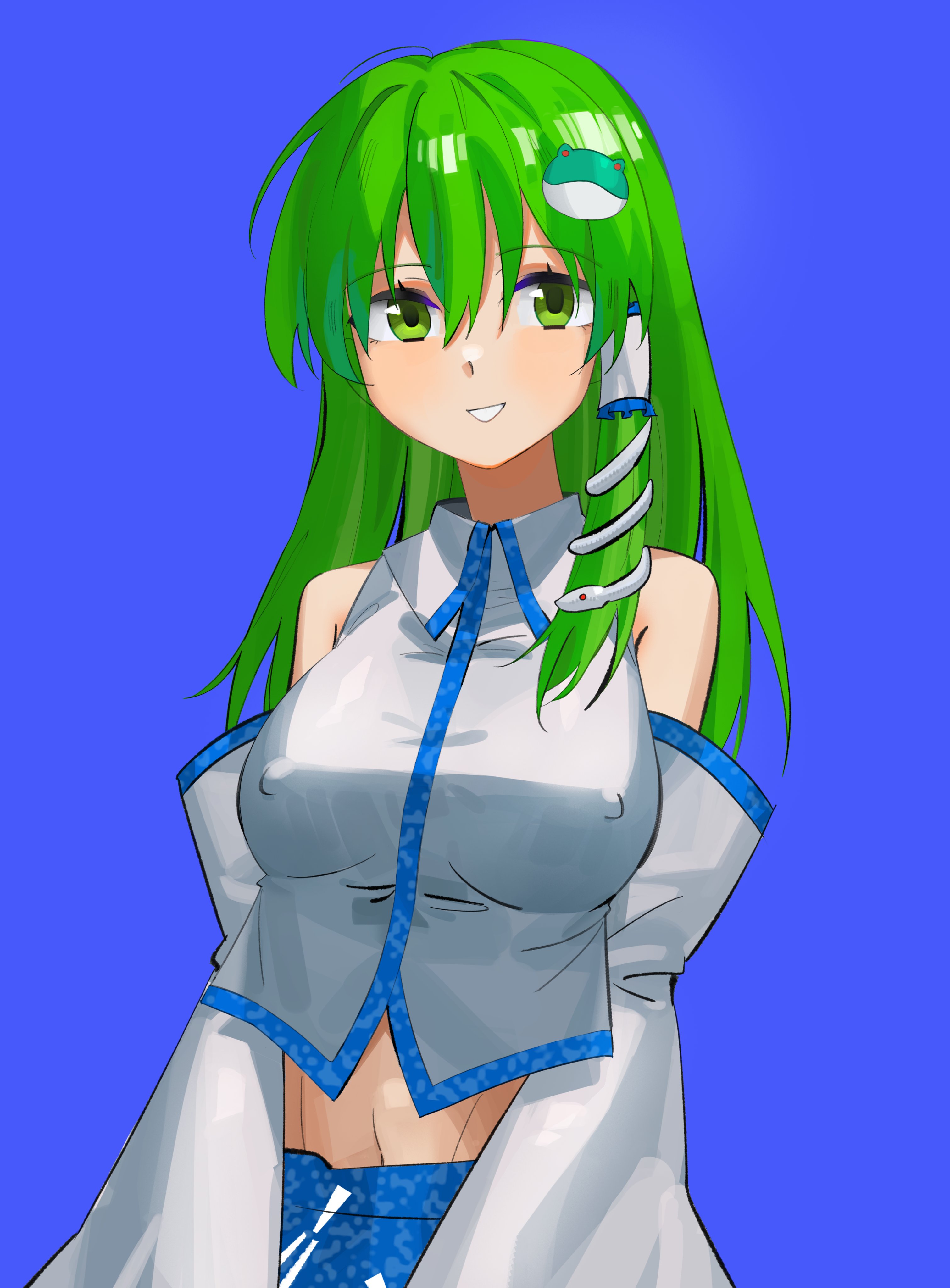 aesur a, kochiya sanae, touhou, absurdres, highres, tagme, 1girl, blue background, breasts, covered erect nipples, green eyes, green hair, large breasts, midriff, navel, simple background, smile