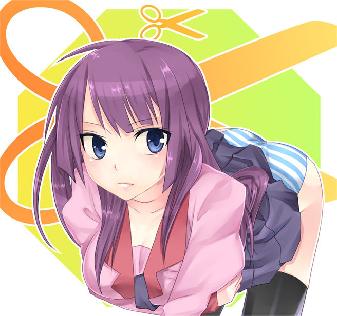 hanasaki mahiru, senjougahara hitagi, bakemonogatari, monogatari (series), bad id, bad pixiv id, 00s, ass, bent over, blue eyes, clothes lift, long hair, panties, purple hair, school uniform, skirt, skirt lift, solo, striped clothes, striped panties, thighhighs, underwear