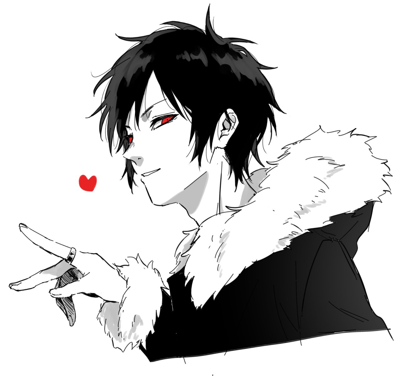 fuka (hk nemo), orihara izaya, durarara!!, commentary request, highres, 1boy, adam's apple, arm up, black hair, cropped jacket, fur-trimmed hood, fur-trimmed sleeves, fur trim, hood, hooded jacket, jacket, jewelry, looking to the side, male focus, parted bangs, parted lips, red eyes, ring, short hair, sideways glance, simple background, smile, solo, white background