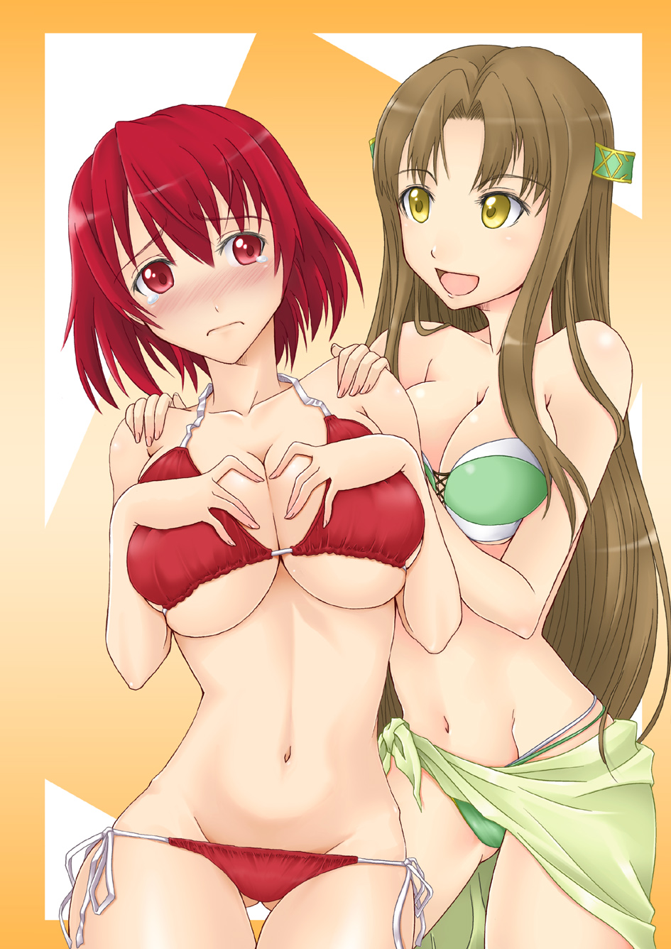 kurogane (blackxsilver), aria (seiken no blacksmith), cecily cambell, seiken no blacksmith, highres, 00s, 2girls, bare shoulders, bikini, blush, breasts, brown hair, cleavage, embarrassed, groin, large breasts, long hair, lowleg, lowleg bikini, multiple girls, navel, open mouth, red eyes, red hair, side-tie bikini bottom, strapless, strapless bikini, swimsuit, tears, underboob, yellow eyes, yuri