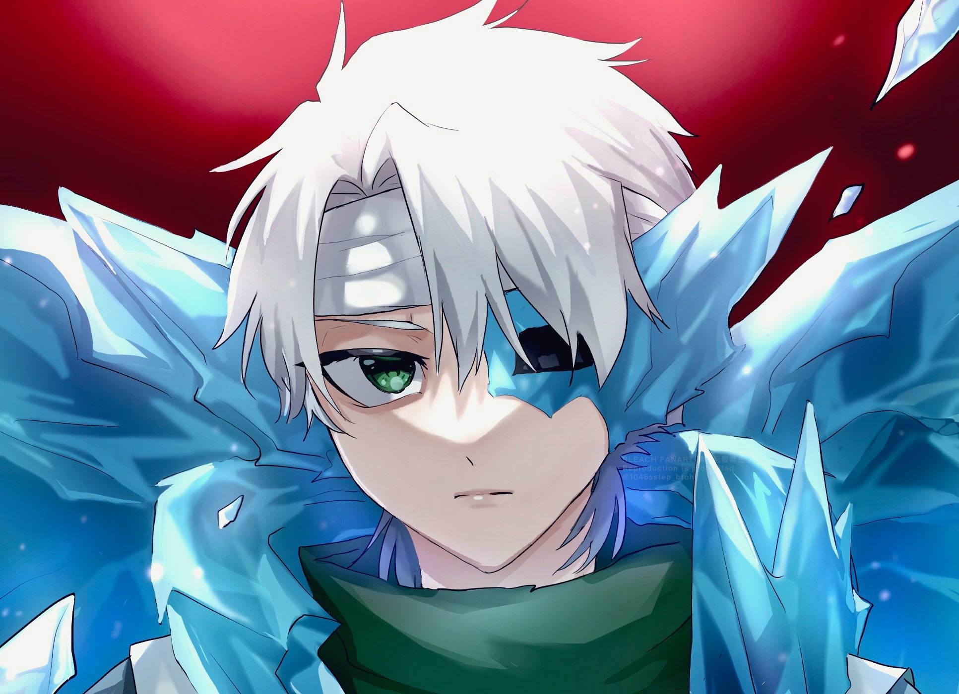1046sstep btoh, hitsugaya toushirou, bleach, bleach: sennen kessen-hen, commentary request, highres, 1boy, daiguren hyourinmaru (bankai), expressionless, green eyes, green scarf, headband, hollowfication, ice, ice wings, lips, male focus, portrait, red background, scarf, solo, straight-on, white hair, white headband, wings