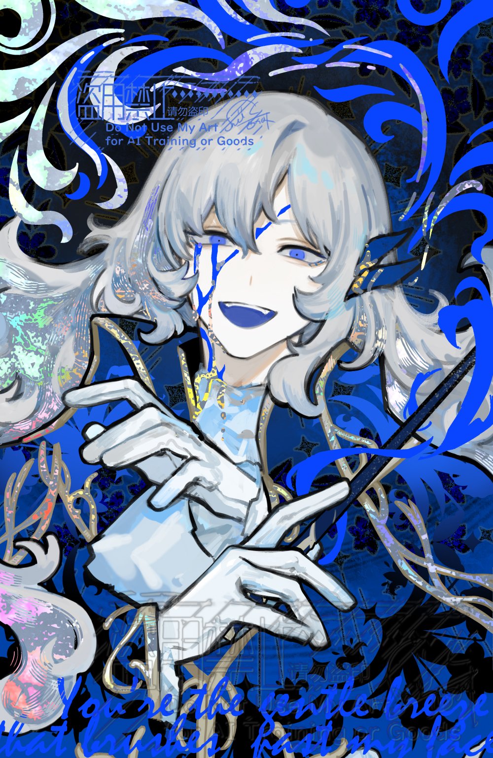 nishikujic, argalia (project moon), library of ruina, project moon, commentary, english commentary, highres, 1boy, ascot, black jacket, blue cape, blue eyes, blue tongue, cape, collared shirt, colored tongue, gloves, iridescent, jacket, open mouth, shirt, smile, smoke, solo, white ascot, white gloves