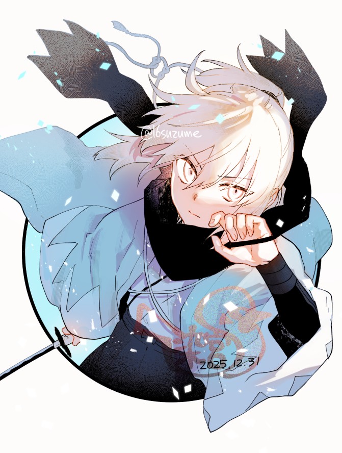 somemiya suzume, okita souji (fate), okita souji (koha-ace), fate/grand order, fate (series), koha-ace, commentary request, 1girl, armor, artist name, black bow, black scarf, black skirt, blonde hair, blue background, blue haori, border, bow, closed mouth, dated, fingernails, floating clothes, floating hair, hair between eyes, hair ornament, hand on own face, hand up, haori, high-waist skirt, holding, holding sword, holding weapon, japanese armor, japanese clothes, katana, kimono, kote, kurokote, long sleeves, looking at viewer, low ponytail, okita souji (teal haori and hakama) (fate), open clothes, outside border, petals, ponytail, scarf, short hair, short ponytail, simple background, skirt, solo, sword, v-shaped eyebrows, weapon, white border, white kimono, wide sleeves, yellow eyes
