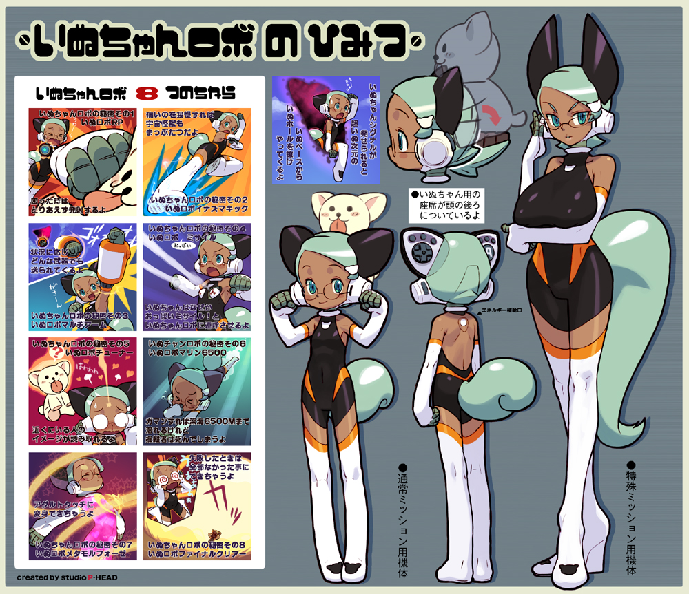ishikawa hideki, 1girl, bodysuit, dark-skinned female, dark skin, glasses, multiple views, reference sheet, robot ears, tail, thighhighs, turnaround