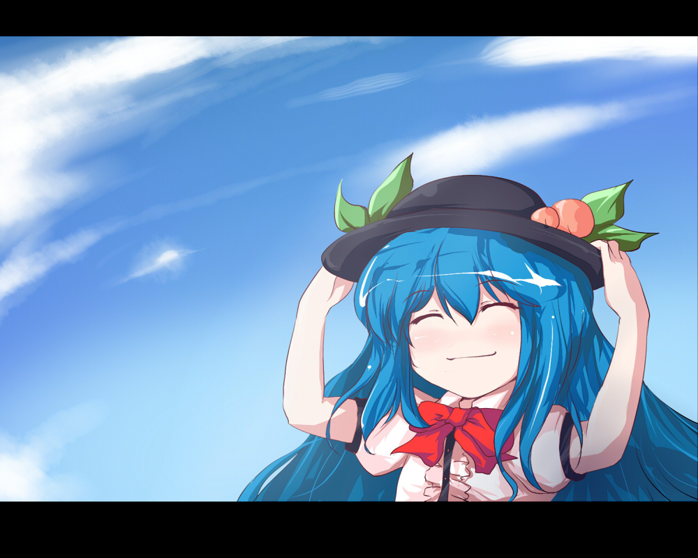beegle, hinanawi tenshi, touhou, bad id, bad pixiv id, 1girl, :3, ^ ^, blue hair, closed eyes, cloud, day, female focus, hands on headwear, happy, hat, letterboxed, long hair, sky, smile, solo, upper body