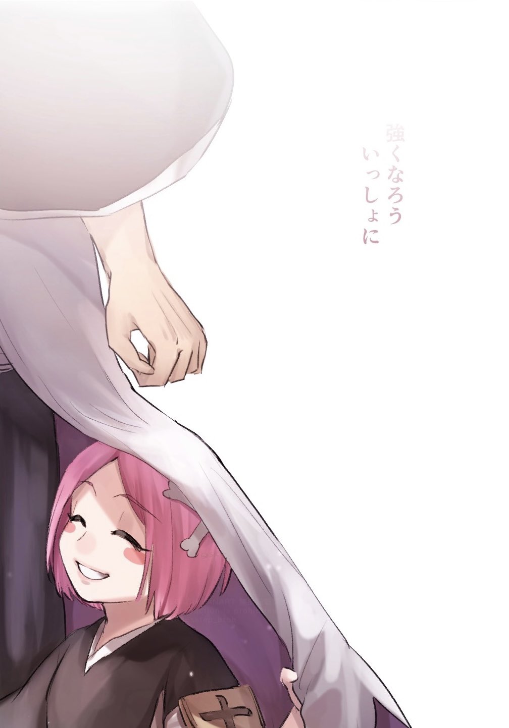 1046sstep btoh, kusajishi yachiru, zaraki kenpachi, bleach, bleach: sennen kessen-hen, commentary request, highres, translation request, 1boy, 1girl, armband, blush stickers, bone hair ornament, closed eyes, grin, hair ornament, haori, japanese clothes, pink hair, shihakusho, short hair, size difference, smile, taichou haori