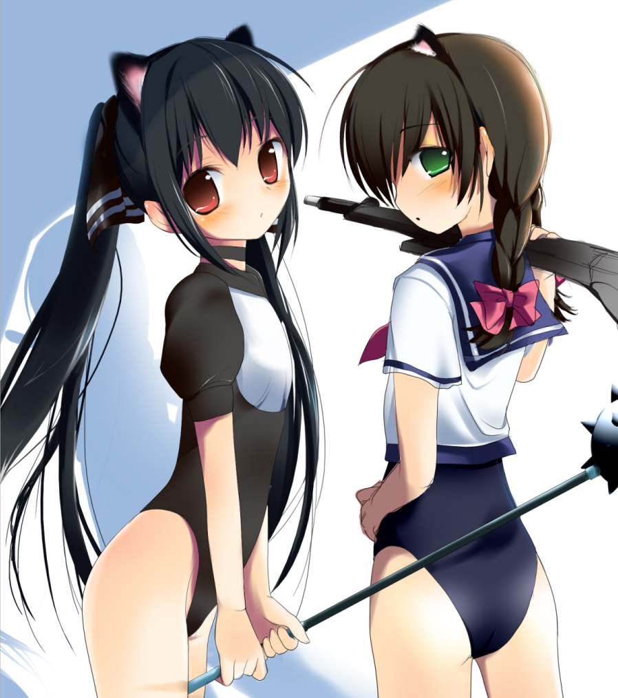haneyoru, uya (munyu), kooh (pangya), milly (paperman), pangya, paper man, bad id, bad pixiv id, 2girls, animal ears, ass, black hair, blush, braid, brown eyes, brown hair, choker, crossover, flat chest, green eyes, leotard, long hair, mace, multiple girls, no pants, one-piece swimsuit, school swimsuit, school uniform, serafuku, spiked mace, spikes, swimsuit, swimsuit under clothes, twin braids, twintails, weapon