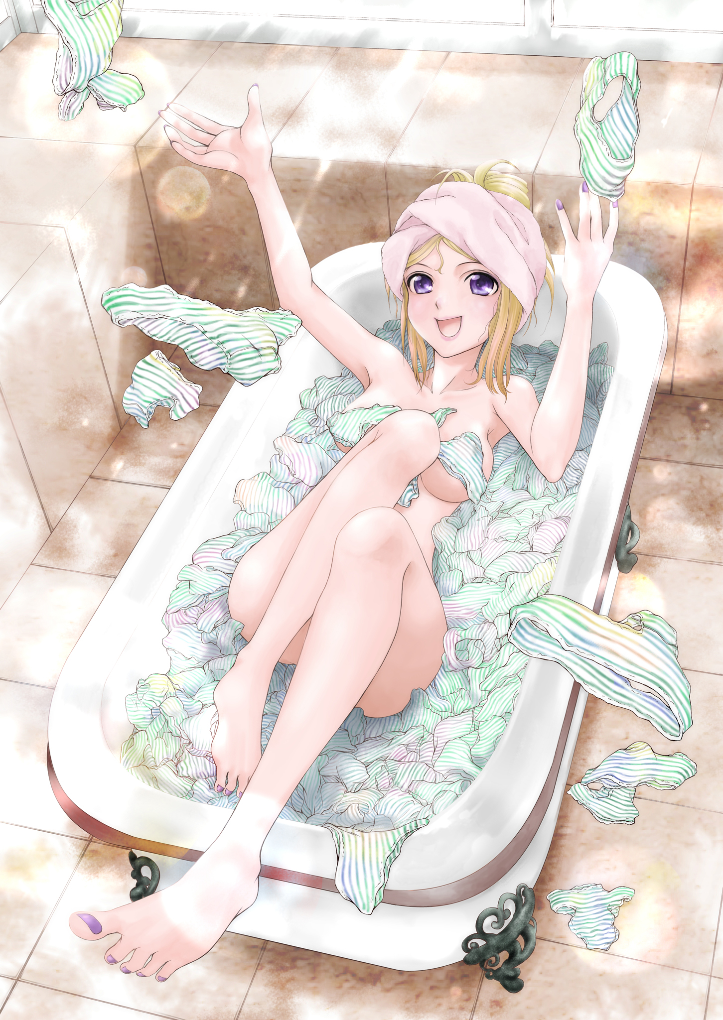 manatee-lettuce, original, toe-point, highres, 1girl, armpits, barefoot, bathing, blonde hair, censored, convenient censoring, feet, female focus, foreshortening, multiple panties, nail polish, nude, panties, purple eyes, purple nails, smile, solo, striped clothes, striped panties, toenail polish, toenails, underwear