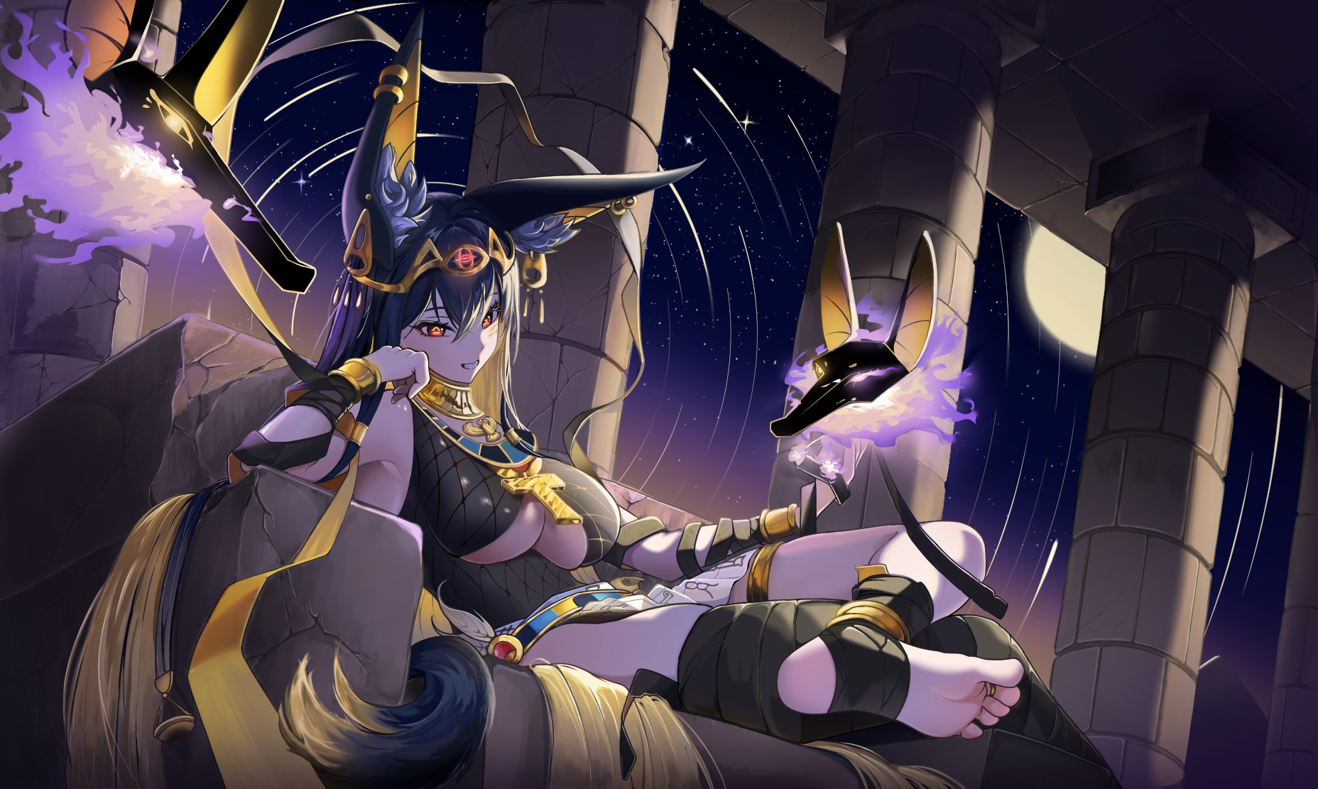 exila (moon1545), anubis (mythology), egyptian mythology, original, commentary request, highres, 1girl, animal ear fluff, animal ears, ankh, arm support, black hair, blonde hair, breasts, circlet, colored inner hair, earrings, full moon, grin, jackal ears, jackal tail, jewelry, large breasts, long hair, moon, multicolored hair, night, pillar, red eyes, revealing clothes, smile, solo, stirrup legwear, toeless legwear, two-tone hair, underboob, usekh collar, very long hair