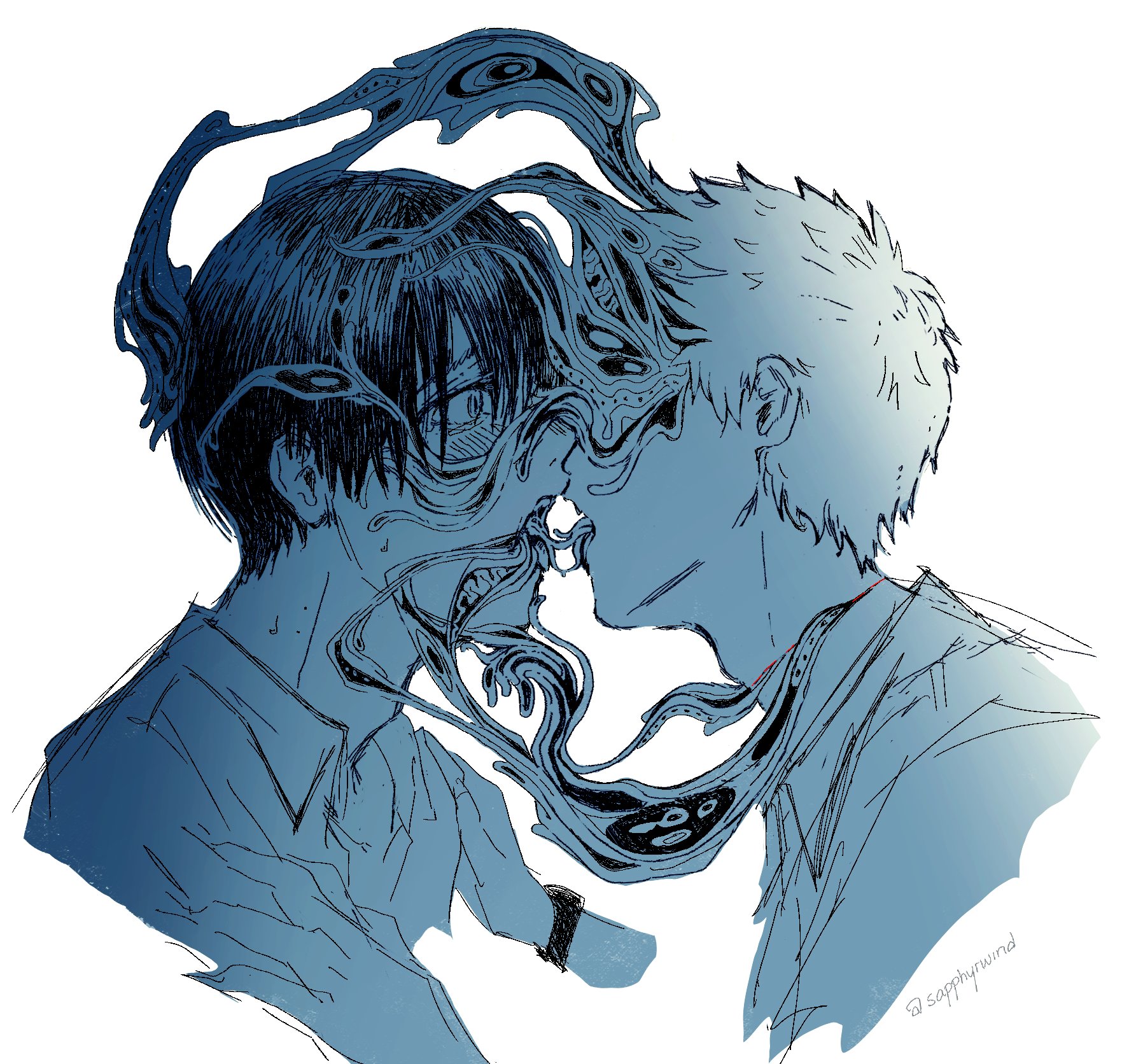 indou hikaru, tsujinaka yoshiki, hikaru ga shinda natsu, commentary, english commentary, highres, 2boys, adam's apple, blush, body horror, collared shirt, cropped torso, french kiss, from side, kiss, male focus, multiple boys, open mouth, sapphyrwind, shirt, short hair, simple background, twitter username, watch, white background, wristwatch, yaoi