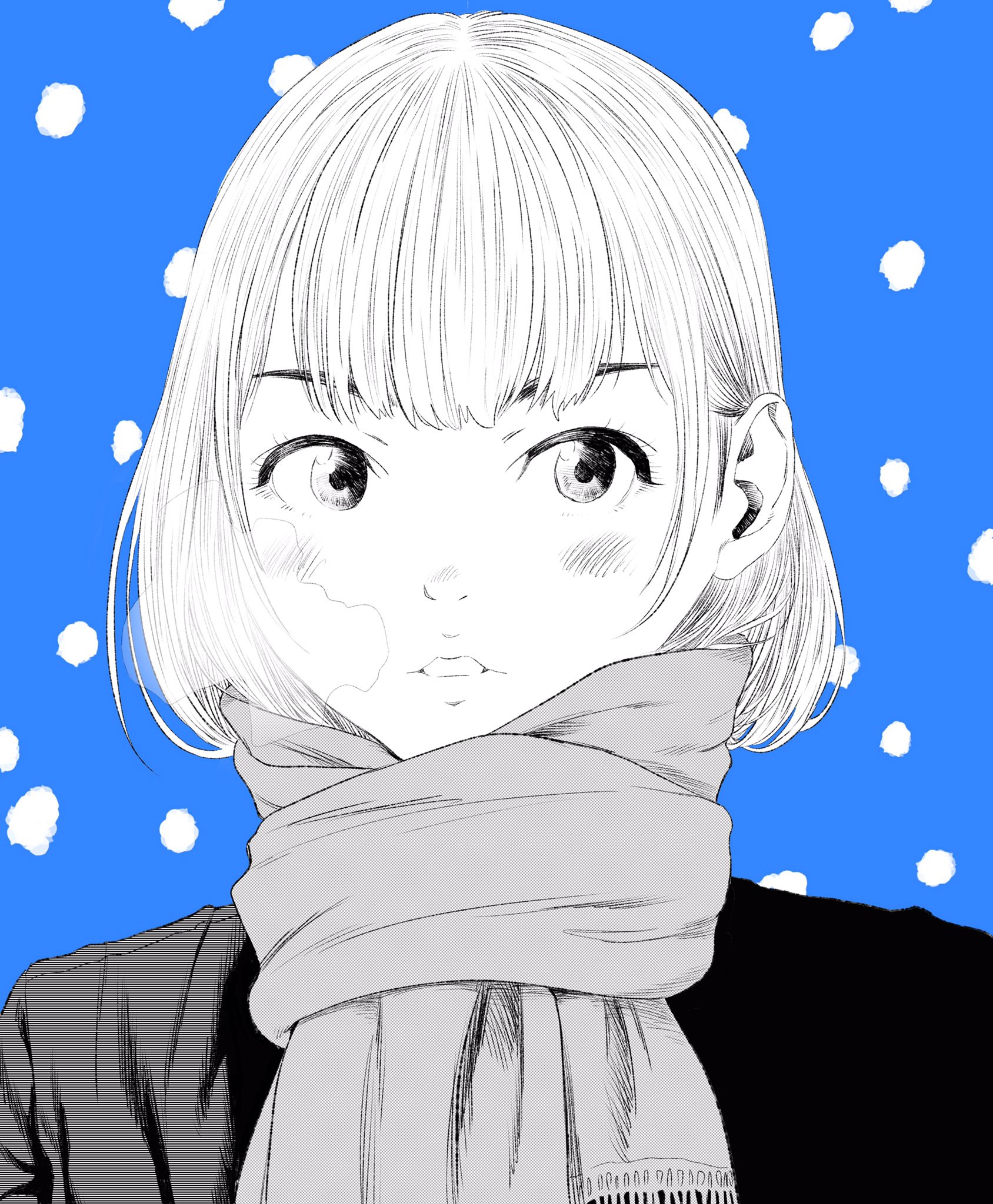 lee (dragon garou), original, commentary request, highres, 1girl, blue background, breath, greyscale with colored background, jacket, light blush, lips, medium hair, parted lips, scarf, snowing, solo, v-shaped eyebrows