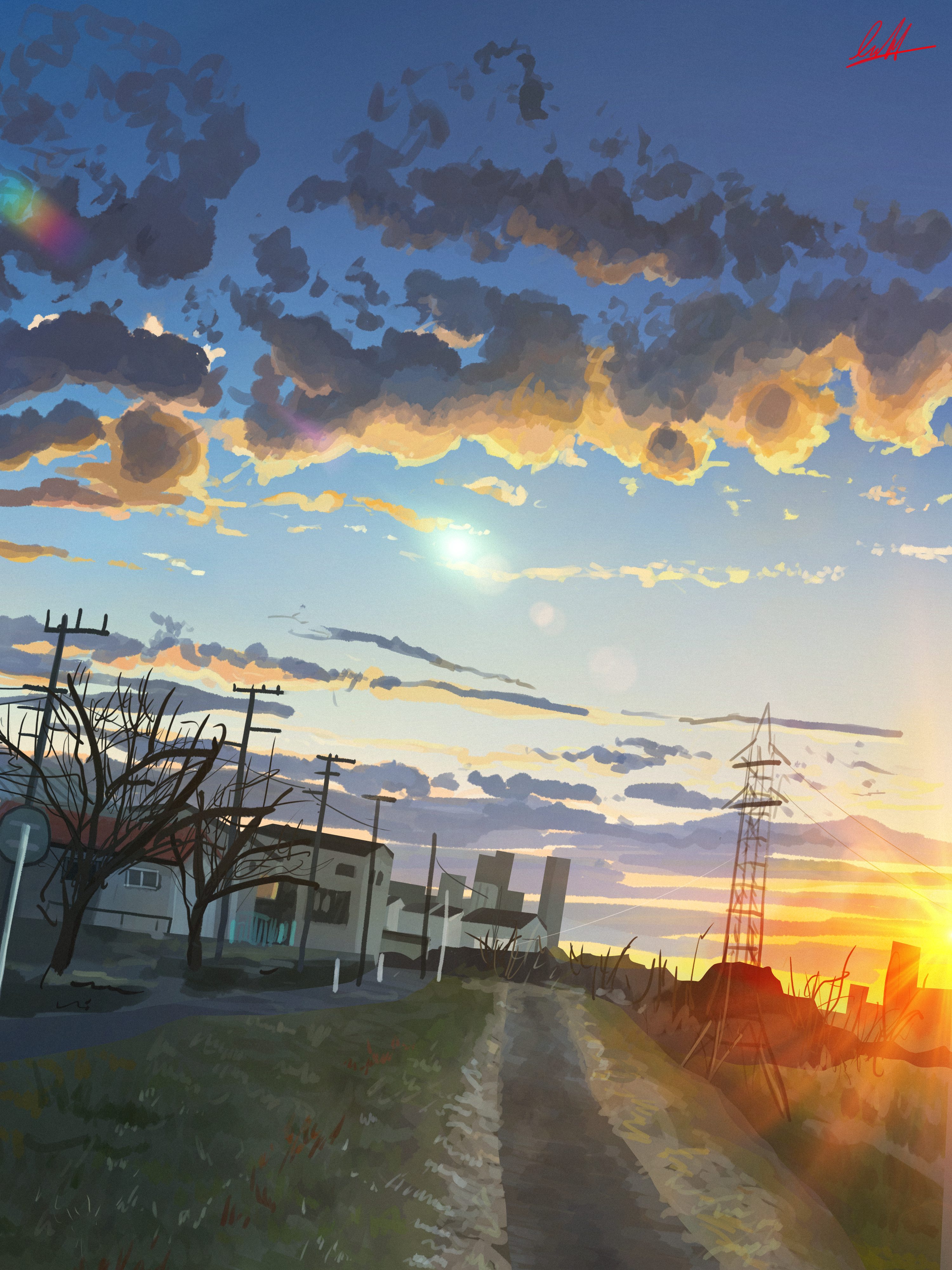 banishment, original, absurdres, commentary request, highres, blue sky, building, cloud, grass, lens flare, morning, no humans, outdoors, power lines, road, road sign, scenery, school uniform, sign, signature, sky, sunrise, transmission tower, tree, utility pole, vanishing point