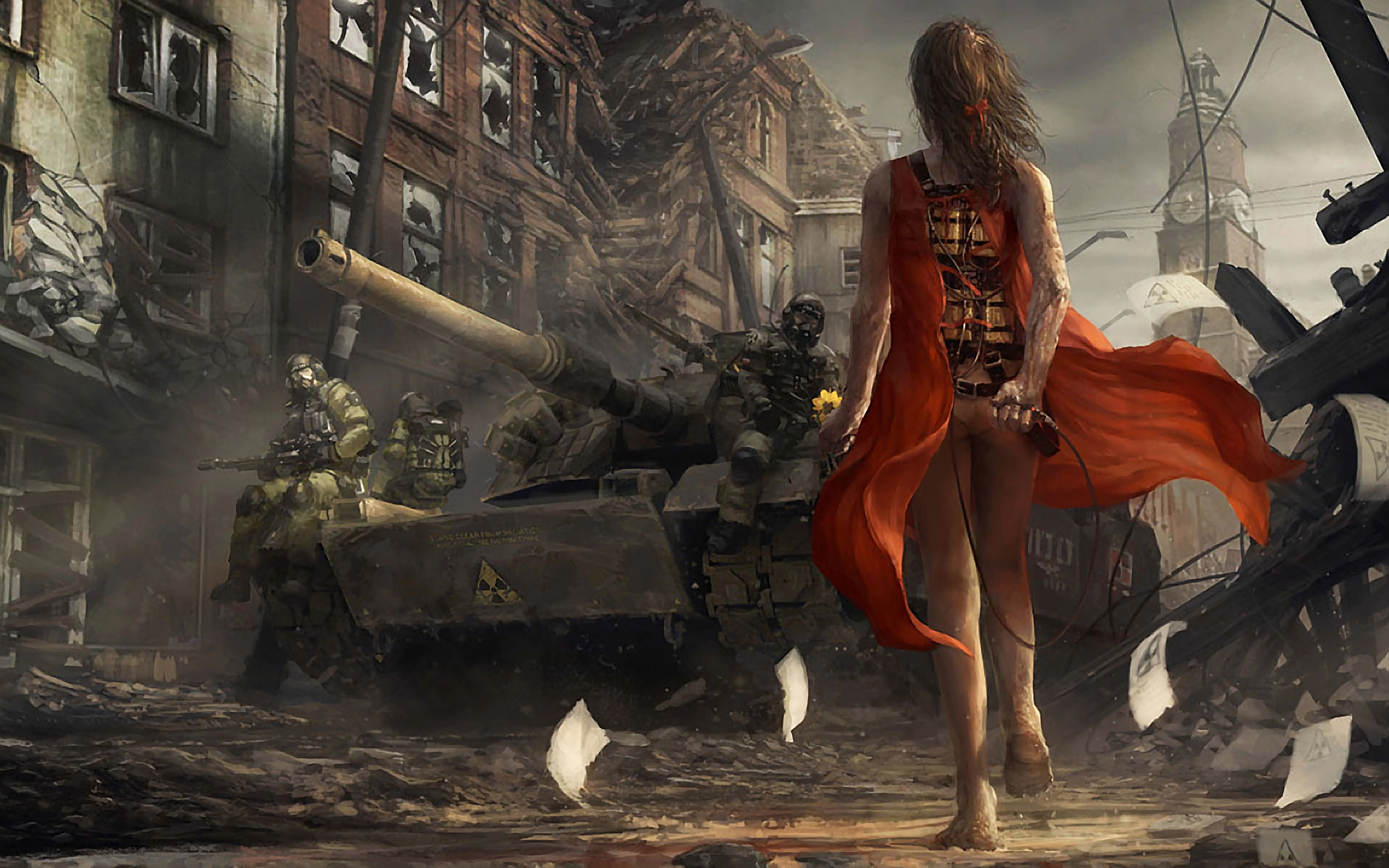 marek okon, original, untied, vehicle, highres, jpeg artifacts, md5 mismatch, resized, resolution mismatch, source smaller, upscaled, 1girl, 3boys, armored personnel carrier, armored vehicle, army, ass, bad end, barefoot, bomb, bow, broken glass, brown hair, caterpillar tracks, clock, clock tower, cloud, cloudy sky, collateral damage, debris, destruction, detonator, dirt, dirty, dirty feet, dress, dynamite, epic, explosive, flower, flying paper, from behind, gas mask, glass, gun, hair bow, hair ribbon, hazmat suit, holding, holding flower, imminent suicide, injury, lamppost, long hair, mask, military, military uniform, military vehicle, motor vehicle, mud, multiple boys, on tank, outdoors, panties, paper, post-apocalypse, power lines, radiation, radiation symbol, realistic, red dress, ribbon, rifle, rubble, ruins, scar, sitting, sky, soldier, suicide, suicide bomb, surreal, tank, tattoo, torn clothes, tower, town, underwear, walking, war, weapon, window
