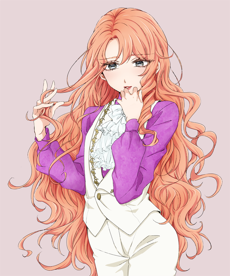 msh chaba69, maraich juschenfe, patalliro!, commentary request, 1boy, ascot, blonde hair, collared shirt, colored eyelashes, contrapposto, cowboy shot, curtained hair, frilled ascot, frills, gold trim, grey background, grey eyes, hand in own hair, hand to own mouth, hands up, light blush, long hair, long sleeves, looking at viewer, male focus, pale skin, pants, parted bangs, parted hair, parted lips, pink lips, puffy long sleeves, puffy sleeves, purple shirt, raised inner eyebrows, shirt, simple background, solo, trap, very long hair, vest, waistcoat, wavy hair, white ascot, white pants, white vest