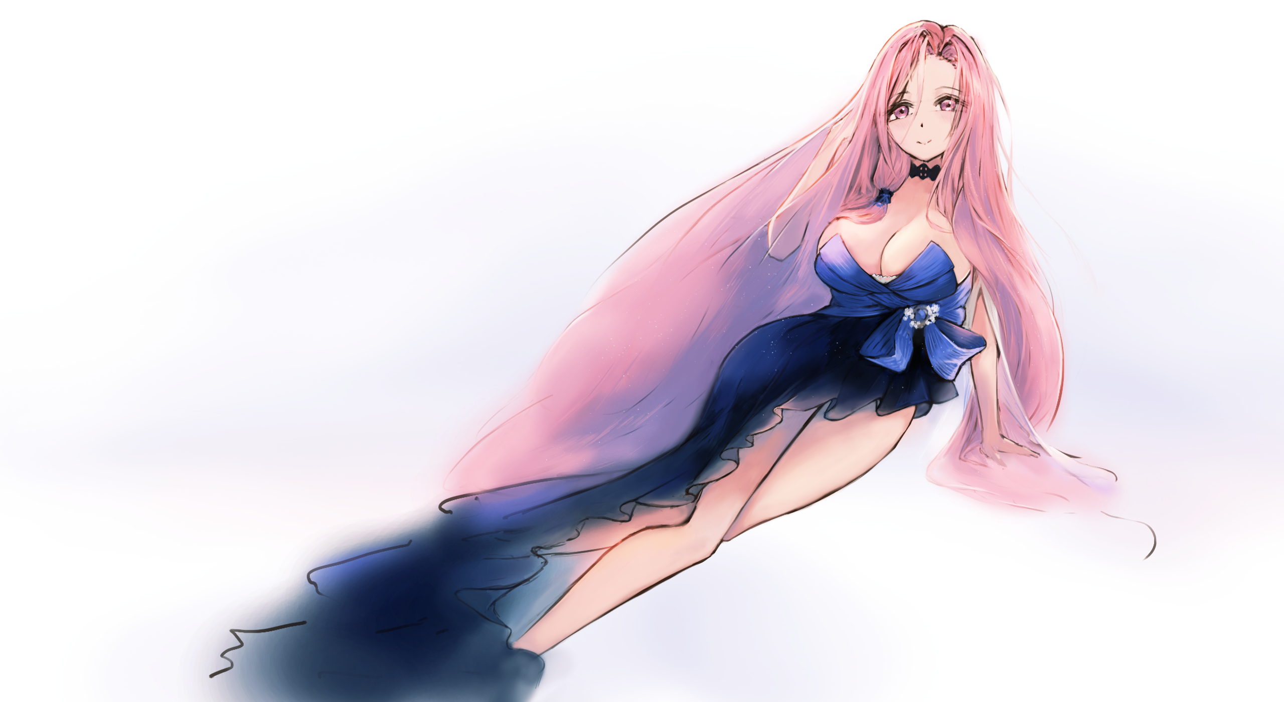 modothirly, lexington (azur lane), azur lane, commentary request, highres, 1girl, black dress, blue dress, bow, breasts, cleavage, closed mouth, dress, dress bow, large breasts, lexington ii (azur lane), long hair, looking at viewer, parted bangs, pink eyes, pink hair, simple background, smile, solo, two-tone dress, white background