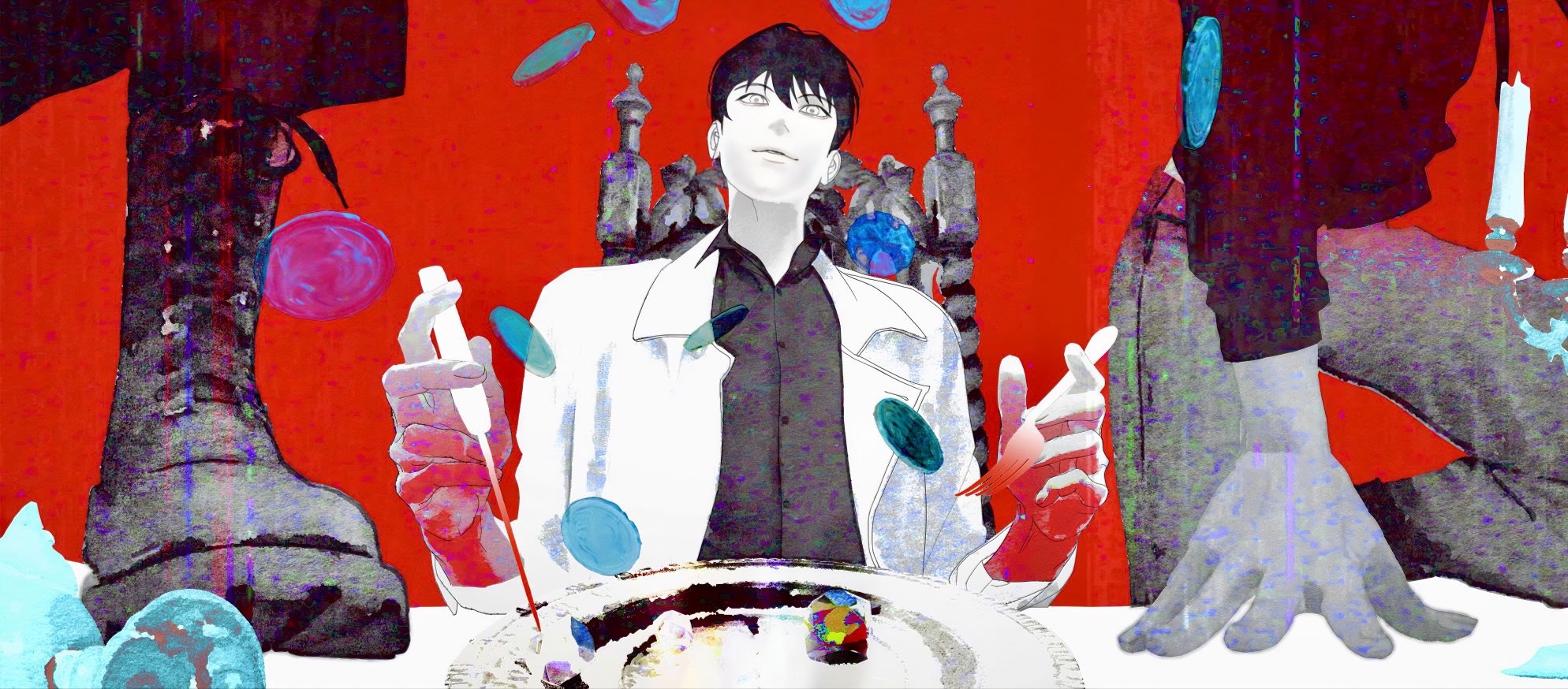 han sooyoung, kim dokja, yoo joonghyuk, omniscient reader's viewpoint, commentary, english commentary, highres, 1boy, 2others, black hair, black shirt, boots, chair, coat, coin, collared shirt, fork, hand up, holding, holding fork, holding knife, knife, limited palette, looking at viewer, multiple others, on table, open clothes, open coat, out of frame, plate, shirt, short hair, sitting, standing, table, throne, tix 0314, white coat