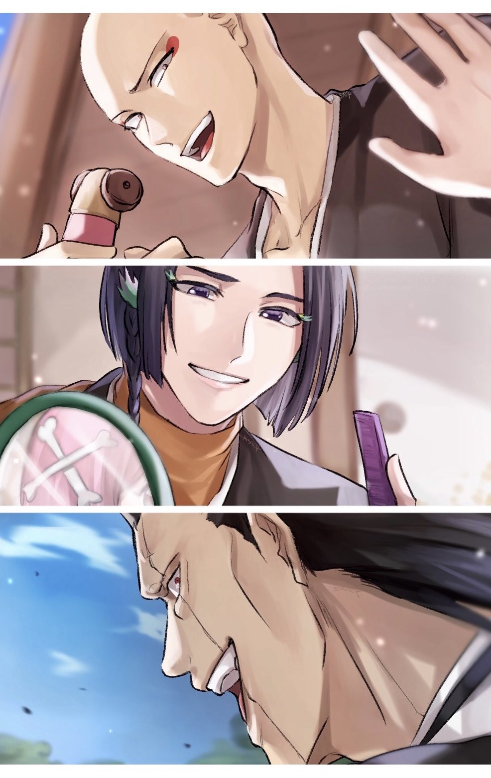 1046sstep btoh, ayasegawa yumichika, kusajishi yachiru, madarame ikkaku, zaraki kenpachi, bleach, bleach: sennen kessen-hen, commentary request, highres, 1girl, 3boys, bald, black hair, blue sky, bone hair ornament, comb, eyelashes, eyeliner, hair ornament, holding, holding comb, holding mirror, long hair, makeup, mirror, multiple boys, open mouth, pink hair, red eyeliner, scar, scar across eye, scar on face, scar on mouth, shihakusho, sky, smile, turtleneck