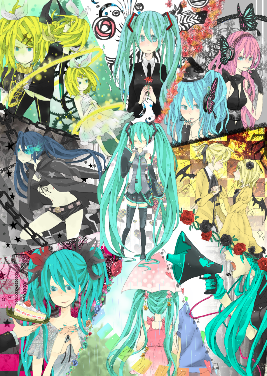 kuro neko manma, kuronyan (kuroneko-manma), hatsune miku, hatsune miku (saihate), kagamine len, kagamine rin, kagamine rin (reactor), kagamine rin (roshin yuukai), megurine luka, aku no musume (vocaloid), black rock shooter, koi wa sensou (vocaloid), magnet (vocaloid), melt (vocaloid), roshin yuukai (vocaloid), saihate (vocaloid), vocaloid, world is mine (vocaloid), highres, 10s, 1boy, 6+girls, aqua eyes, aqua hair, black gloves, blonde hair, blue eyes, boots, bow, bug, butterfly, cake, chain, detached sleeves, dress, dress shirt, flower, food, formal clothes, fruit, gears, gloves, hair bow, hair flower, hair ornament, hair ribbon, hairclip, hat, headphones, headset, insect, long hair, megaphone, mini hat, mini top hat, multiple girls, nail polish, necktie, pink hair, ribbon, rose, shirt, skirt, songover, strawberry, suit, thigh boots, thighhighs, top hat, twintails, umbrella, very long hair, zebra