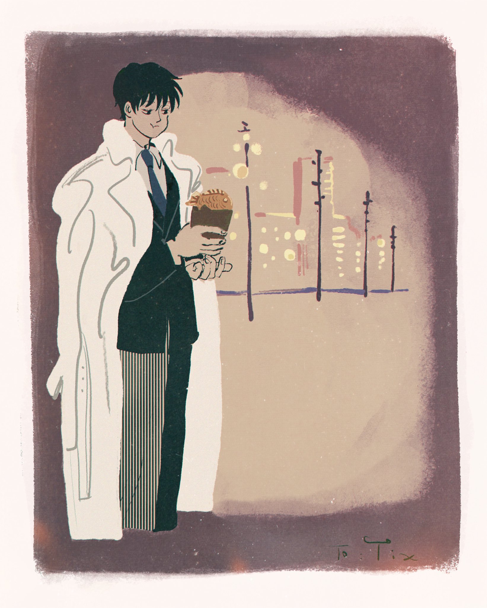 kim dokja, omniscient reader's viewpoint, commentary, english commentary, highres, 1boy, black hair, black vest, blue necktie, chewing, coat, collared shirt, eating, feet out of frame, full body, holding, lamppost, male focus, necktie, night, open clothes, open coat, shirt, short hair, skyline, solo, tix 0314, vest, white coat, white shirt