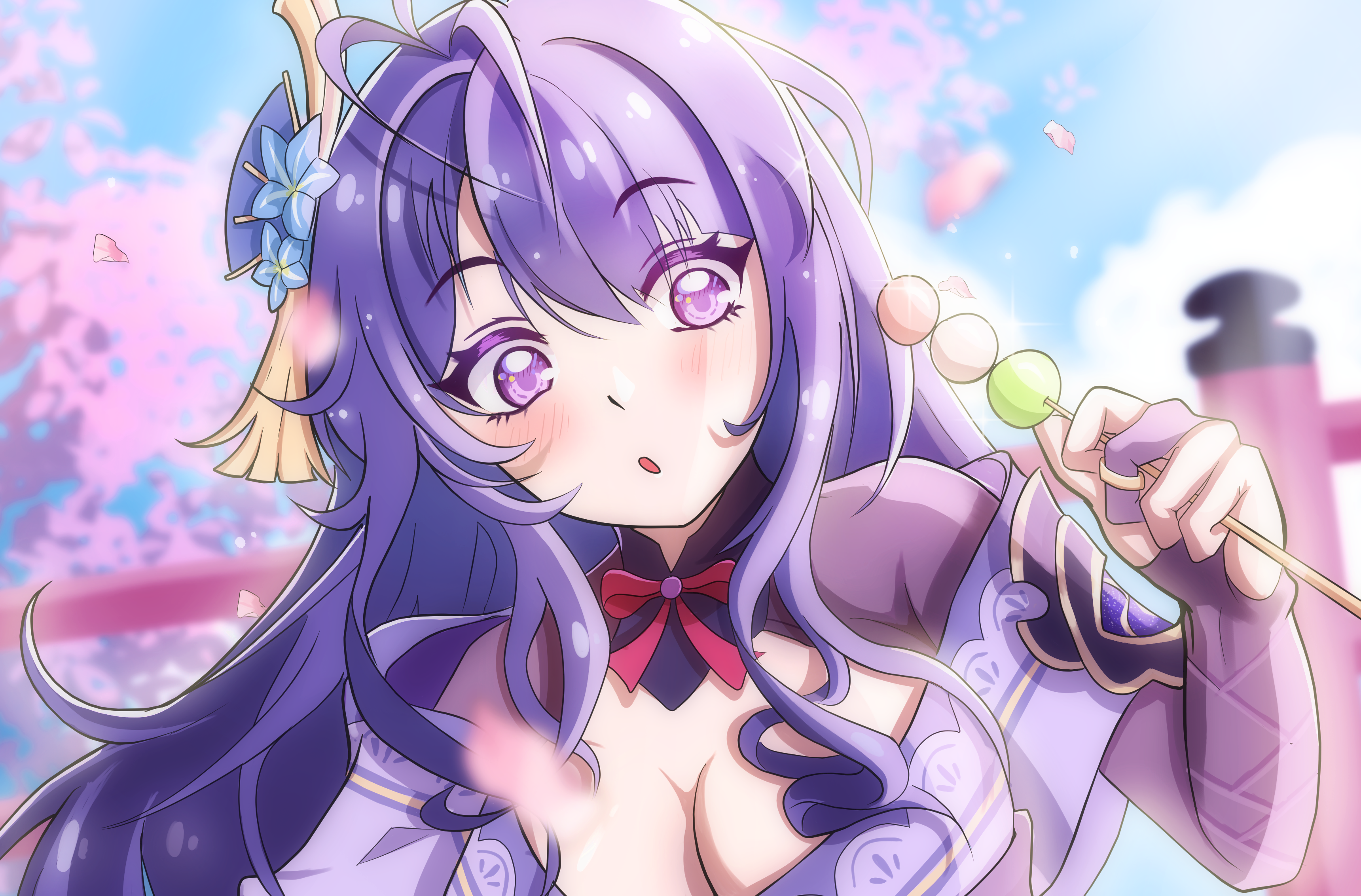 saylamars, raiden shogun, genshin impact, absurdres, commentary, english commentary, highres, 1girl, blue sky, blunt bangs, blurry, blurry background, blush, breasts, bridal gauntlets, cherry blossoms, cleavage, cloud, cloudy sky, dango, day, depth of field, fan hair ornament, food, hair down, hair ornament, head tilt, holding, holding food, huge breasts, japanese clothes, kimono, leaning to the side, long hair, looking down, looking to the side, neck ribbon, no mole, off shoulder, open mouth, outdoors, purple eyes, purple hair, purple kimono, red ribbon, ribbon, shade, sky, solo, standing, tree, upper body, wagashi, wavy hair