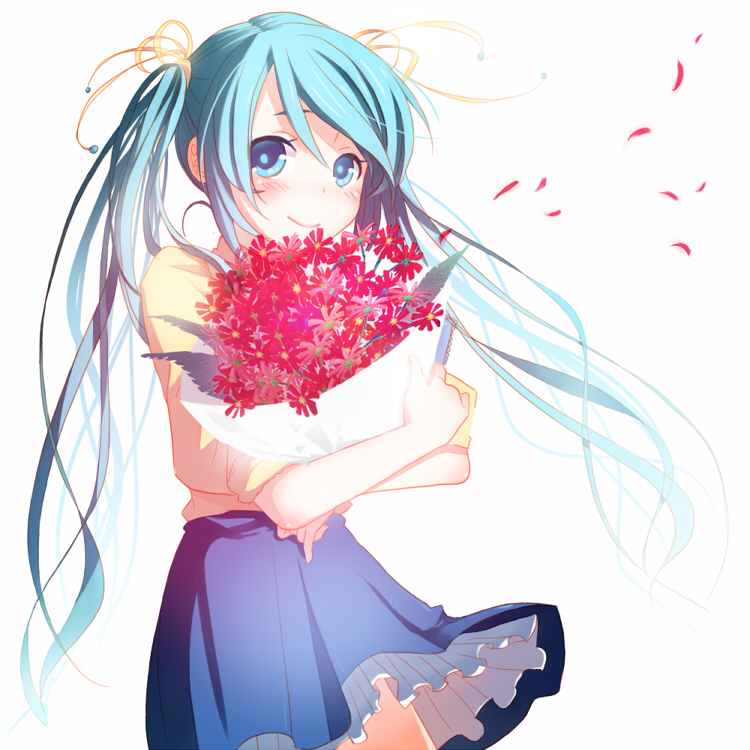 mocco, hatsune miku, vocaloid, bad id, bad pixiv id, 1girl, aqua eyes, aqua hair, blush, bouquet, female focus, flower, hair ribbon, petals, ribbon, simple background, skirt, smile, solo, twintails