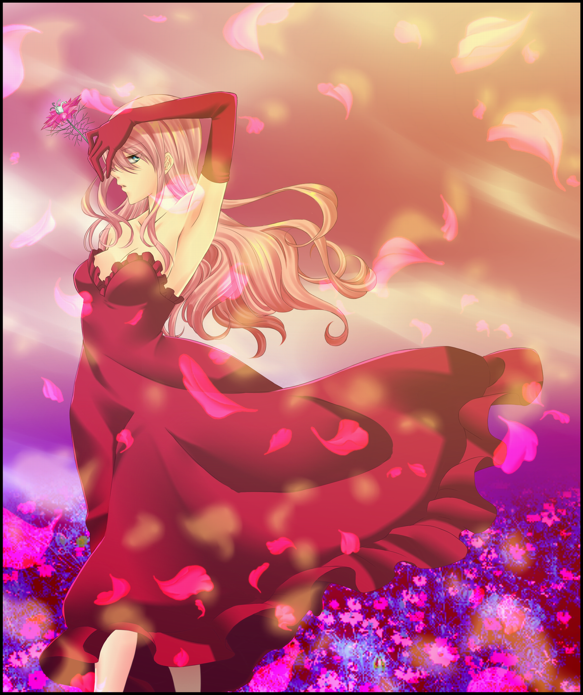 yoicho (a opi daisuki), megurine luka, vocaloid, bad id, bad pixiv id, highres, 1girl, aqua eyes, arm up, armpits, bare shoulders, breasts, dress, elbow gloves, female focus, flower, gloves, holding, long dress, long hair, petals, pink hair, profile, red dress, red gloves, sleeveless, sleeveless dress, solo, standing, strapless, strapless dress, wind