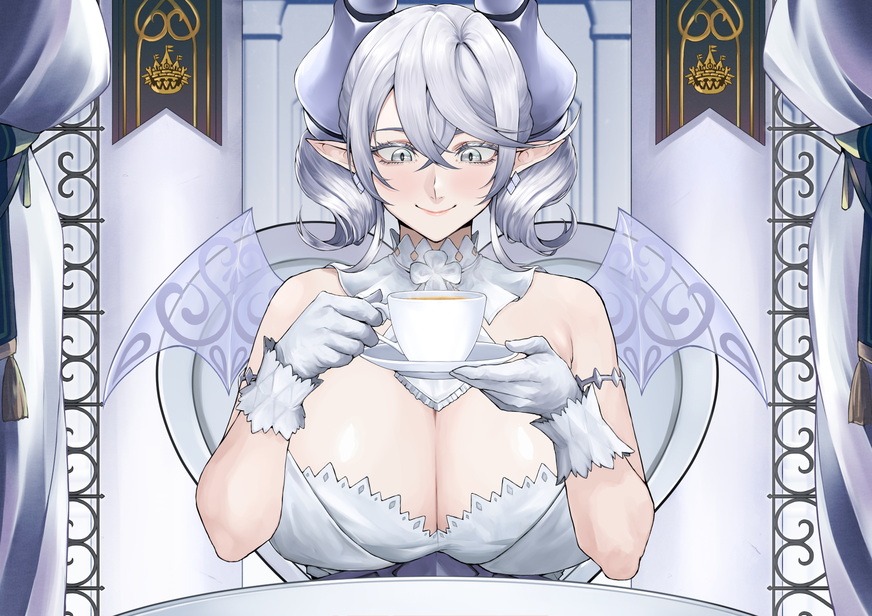 no10 direct, lovely labrynth of the silver castle, yu-gi-oh!, commentary request, highres, 1girl, breasts, chair, cleavage, closed mouth, cup, demon girl, demon horns, demon wings, dress, drill hair, duel monster, earrings, eyelashes, gloves, grey eyes, grey hair, holding, holding cup, horns, huge breasts, jewelry, pointy ears, sitting, smile, solo, strapless, strapless dress, table, transparent wings, twin drills, upper body, white dress, white gloves, white wings, wings