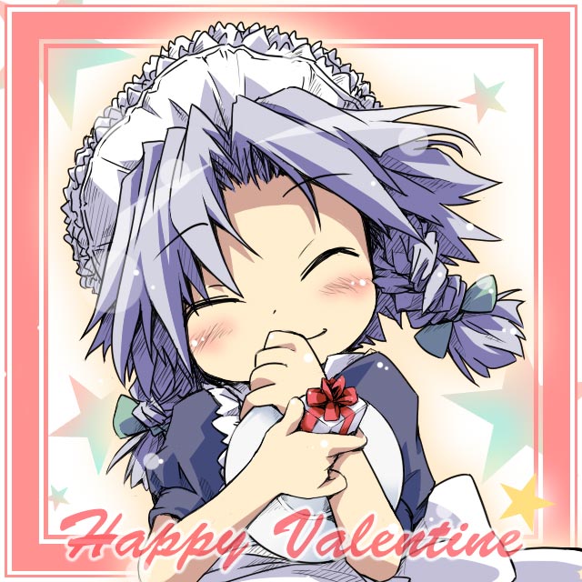 ham (points), izayoi sakuya, touhou, 1girl, braid, female focus, gift, hairband, happy valentine, holding, holding gift, solo, twin braids, valentine