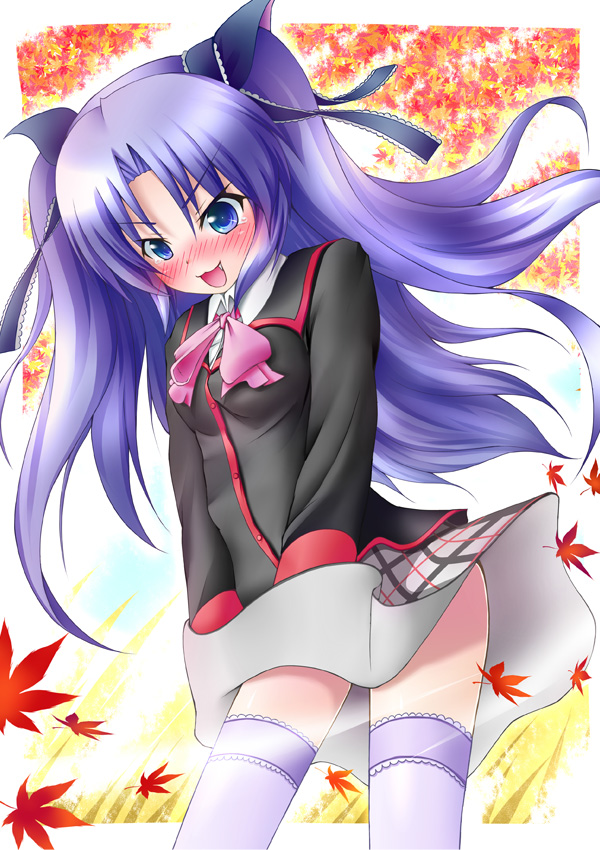 akishisu (air balance), sasasegawa sasami, little busters!, bad id, bad pixiv id, 1girl, animal ears, blue eyes, blush, bow, cat ears, clothes lift, fang, female focus, leaf, long hair, maple leaf, pink bow, purple hair, ribbon, school uniform, skirt, skirt lift, solo, tears, thighhighs, twintails, two side up, wind, wind lift